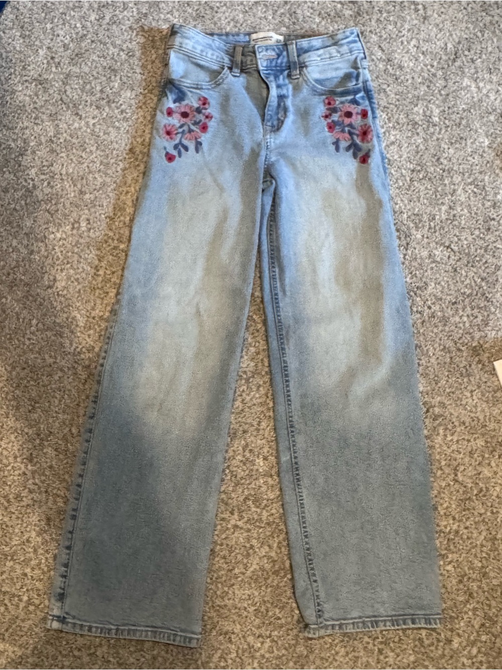 abercrombie kids light blue jeans with pink floral embroidery
